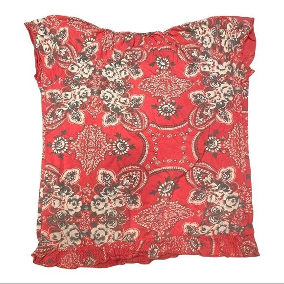 Mossimo women's M top red floral scoop neck with tie cap sleeve elastic bottom - Picture 5 of 6
